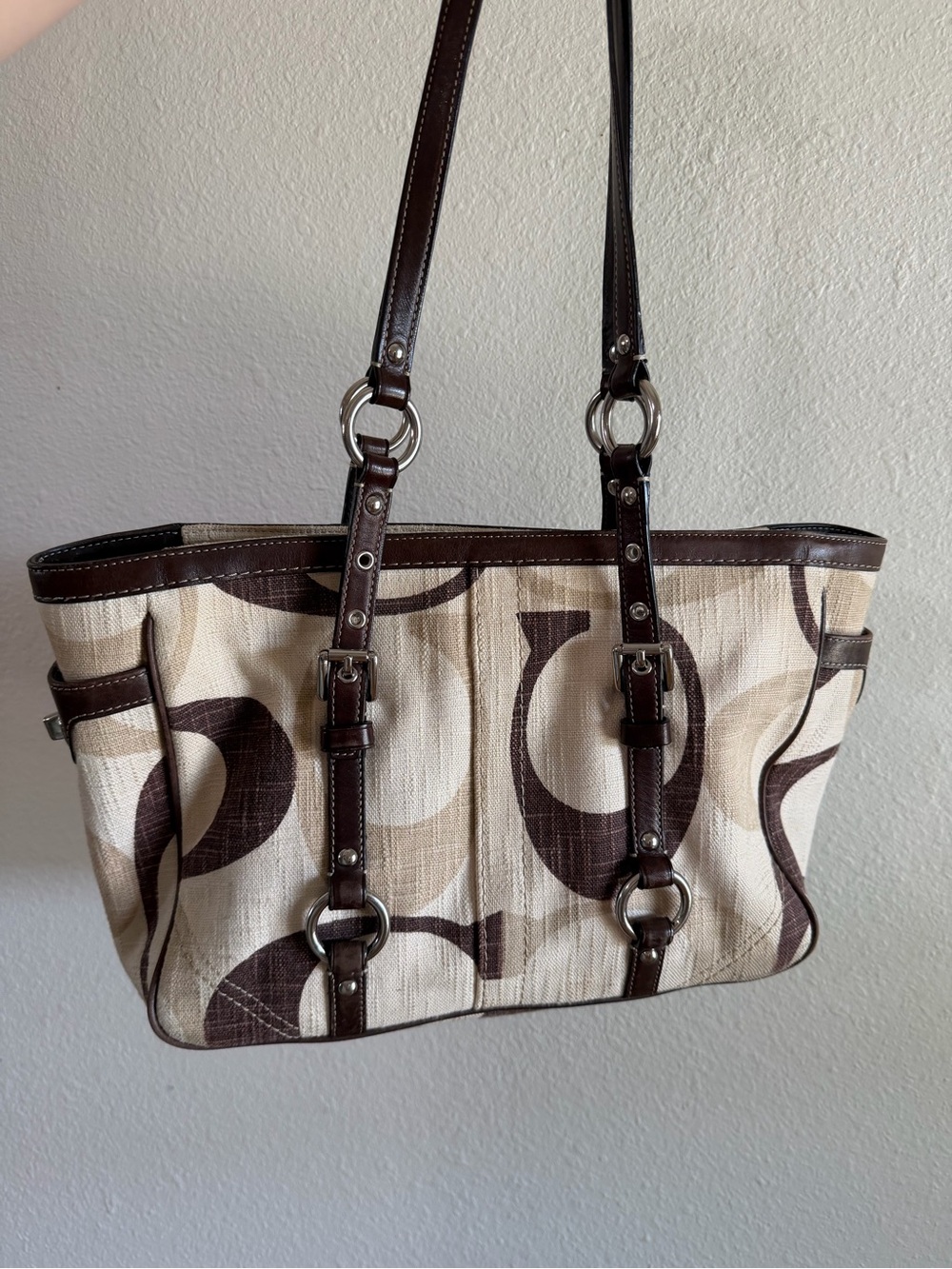 Y2K Coach Canvas Tote Bag with Brown Leather Trim - Classic Circle Pattern - Picture 2 of 6